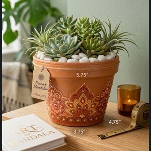 Hand Painted Mandala Terracotta Garden Planter in warm Orange. Unique Home Decor